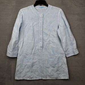 J McLaughlin Linen Tunic Shirt Dress Light Blue Band Collar Pockets Womens M